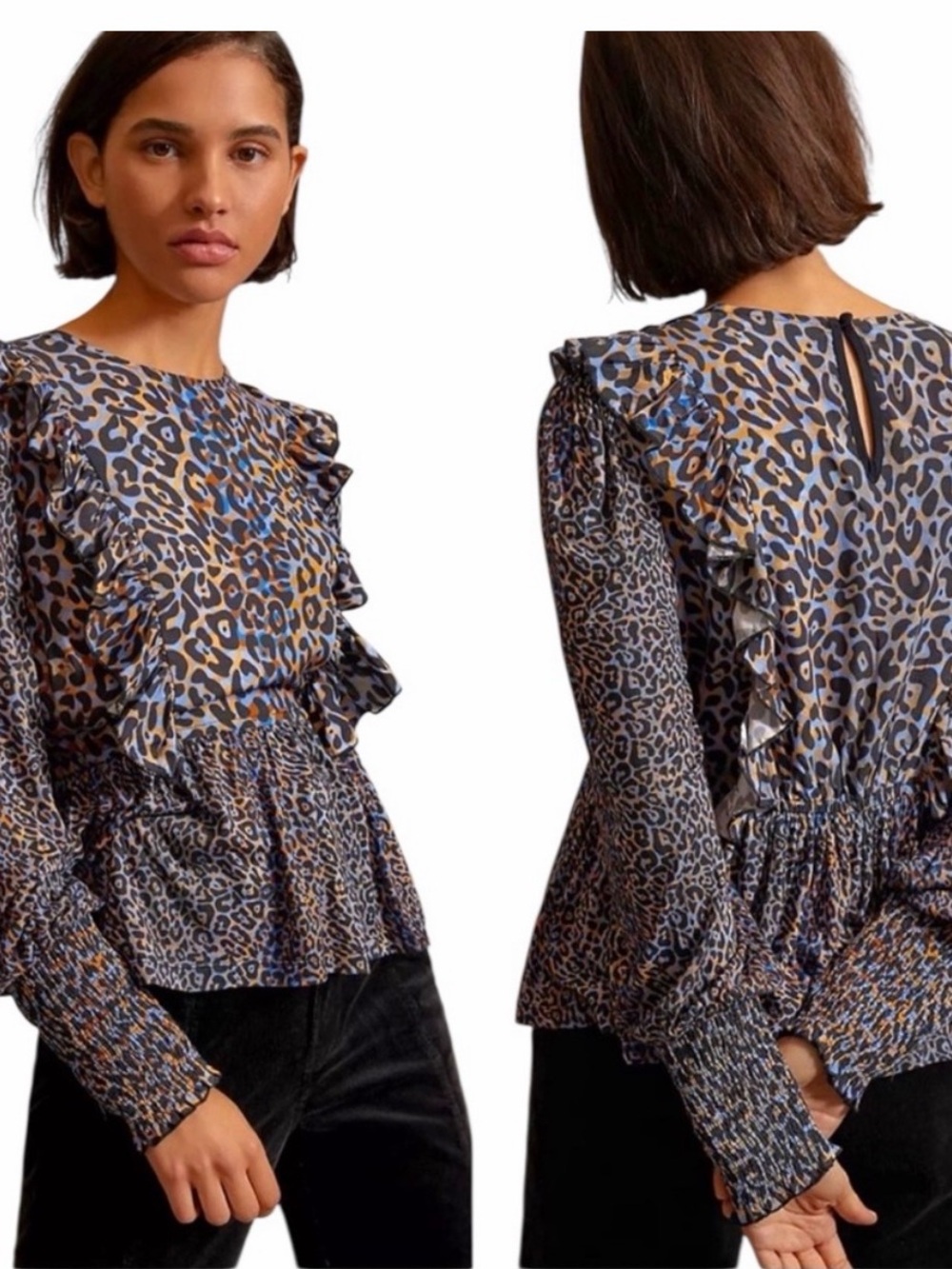 Anthropologie Ruffle Leopard-Print Blouse in Blue and Brown XS